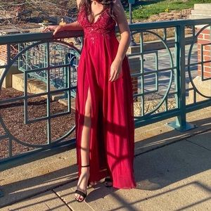 Wine red prom dress with leg slit. Size US12, great condition, only wore once